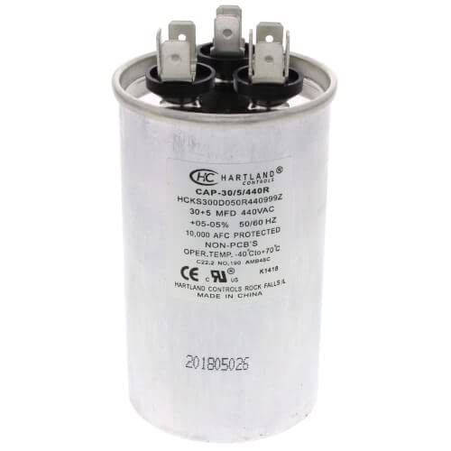 Load image into Gallery viewer, 30 + 5 MFD Capacitor 370 or 440 VAC Round Run Capacitor for Fan Motor
