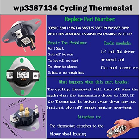 Dryer Thermostat 3977393 & 3392519 Thermal Fuse 3977767 high-limit thermostat Compatible whirlpool